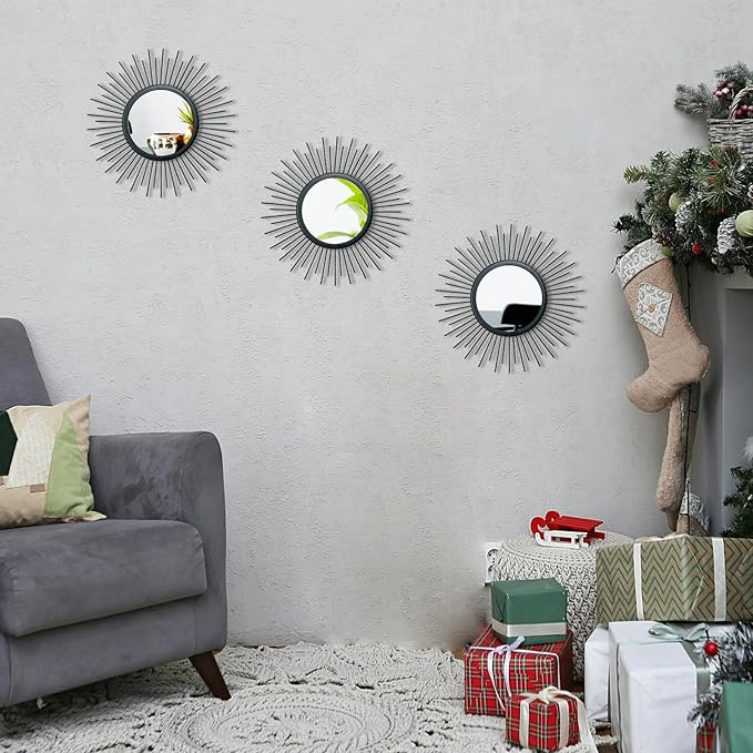 Cityelf 3 Set Sunburst Mirrors for Wall Decorative Metal Mirrors Small Mirror Sets Decor Hanging Mirror Wall Sculpture for Bedroom Living Room Entryway