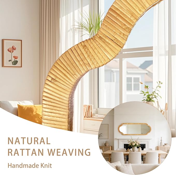 BAODANFU Full Length Rattan Mirror, Decorative Wall Mirrors of Hallway, Entryway, Long Scalloped 18 x 53 inch Dressing Mirror for Bedroom Vanity Walk-in Closet Living Dining Room