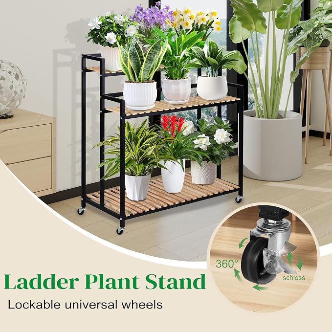 3-Tier Plant Shelf Modern Rolling Plant Stand with Rustic Wood and Iron Frame. for indoor/outdoor use in Living Spaces or Patio.Space spare,Robust Pine,Easy Assembly