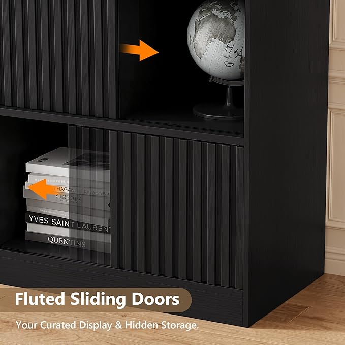 Einhomn Cube Storage Organizer with Sliding Doors, Wooden Bookshelf Storage Cabinet, 9 Cube Bookcase Organizer for Living Room Bedroom Office, Black