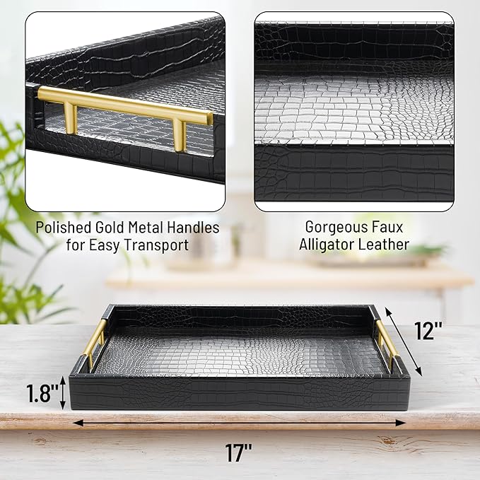 17" x 12" Wood Serving Tray with Gold Polished Metal Handles, Home Decorative Wooden Rectangle Ottoman Leather Decor Platter Bathroom Vanity Tray for All Occasions Alligator Black