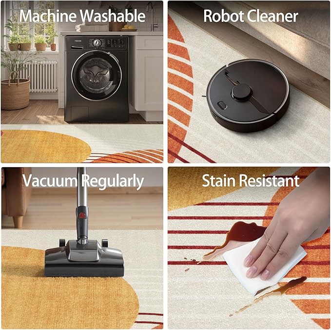 DCX Abstract Machine Washable 2x3Rug, Mid Century Modern Rug for Living Room, Soft Low Pile Non Slip Carpet, Kid & Pet Friendly Stain Resistant Rug for Bedroom Dining Room Office, Orange & Yellow