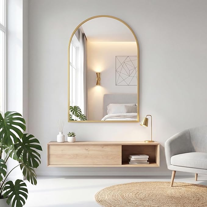 Arched Gold Bathroom Mirrors for Wall, 20x30-Inch Bathroom Mirror for Over Sink, Wall Vanity Mirror with Matte Metal Frame and HD Shatter-Proof Glass for Entryway, Living Room, Bedroom