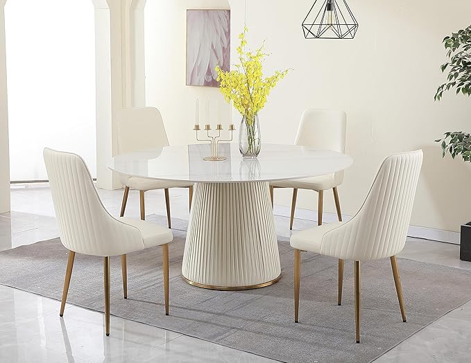 Montary 5 Piece Dining Table Set, Modern Dining Room Table Set of 4-6, White 53" D Faux Marble Dining Table, Sintered Stone Round Table with 4 Dining Chairs, for Dining Room Kitchen