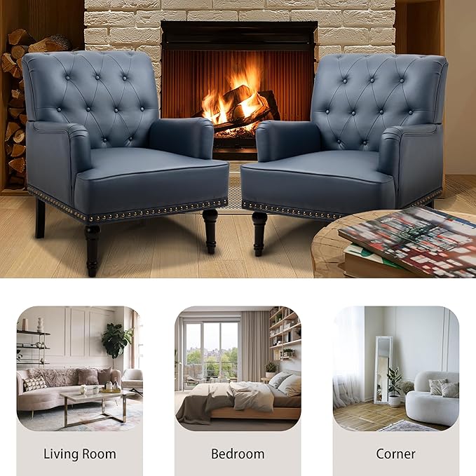 MOJAY PU Leather Accent Chair, Mid-Century Armchair Living Room Sofa Chair with Rubber Wood Leg, Club Chair with Rivet Trim for Bedroom Reading Room Reception (DarkBlue)