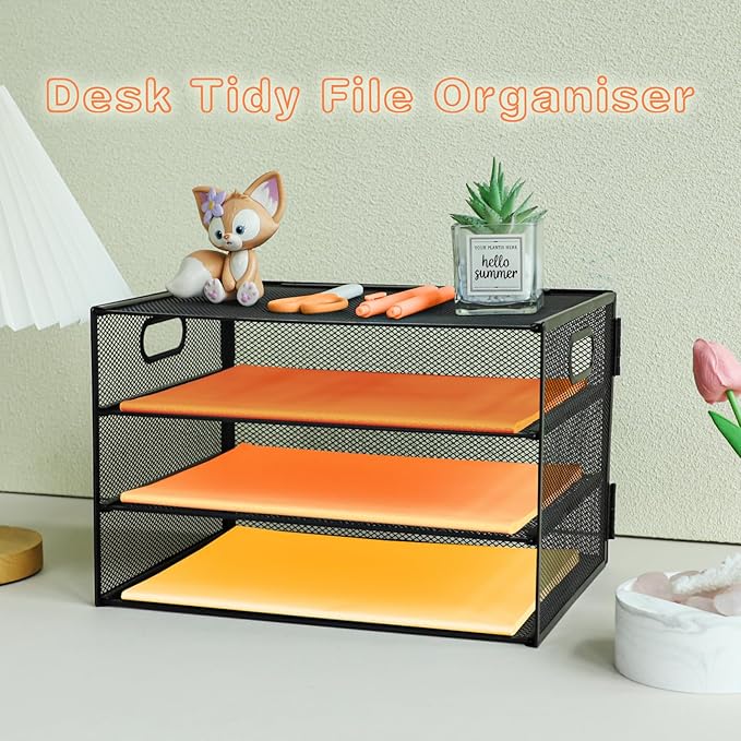 3 Tier Letter Tray Paper Organizer with Handle Desk Paper Organizer Tray, Desktop File Folder sorter Holder for Home Office School