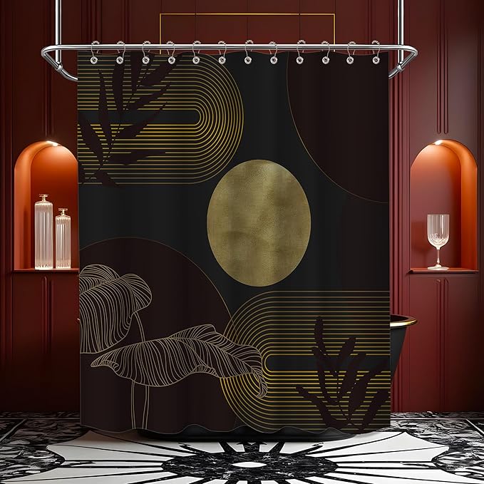 Black Dark Red and Gold Shower Curtain Burgundy Modern Shower Curtains for Bathroom Decor Boho Mid Century Bath Curtain Set, Waterproof Fabric with Hooks 70 x 72 Inch