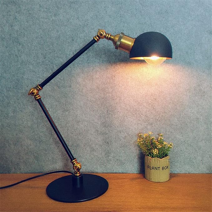Makeup Vintage Desk Lamp, Adjustable Swing Arm Industrial Metal Task Table Lamp, Bedroom Bedside Night Light Cafe Retro Reading Lighting,Black+Gold