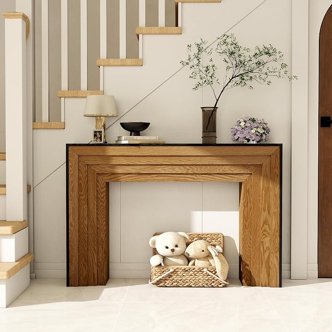 Wood Console Table, 47" Retro Long Sofa Table Behind Couch with Split-Level Design, Wooden Narrow Sofa Table Hall Table for Living Room Foyer Entrance Entryway, Black+Natural