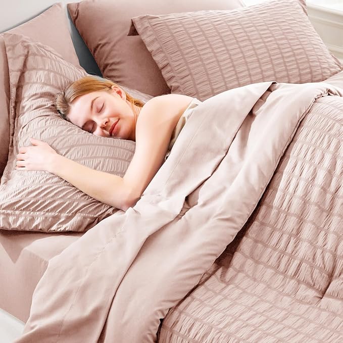 CozyLux Queen Comforter Set Rose Gold, 7 Pieces Seersucker Textured Luxury Bed in a Bag Queen, Dusty Pink All Season Bedding Set with Down Alternative Comforter, Sheets, Pillowcases & Shams, Home Gift