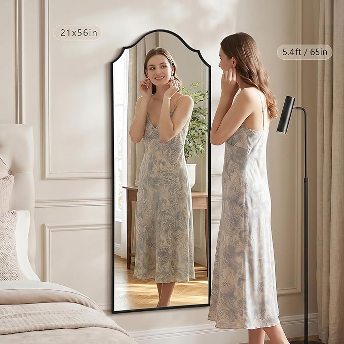 Besdomus Scalloped Full Length Mirror: 21"x56" Black Arched Floor Mirror - Minimalist Modern Wooden Frame Long Body Standing for Wall/Bedroom/Cloakroom/Entryway/Living Room - Home Decor for Housewife