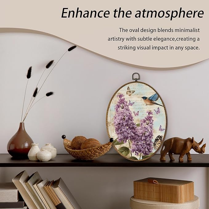 AEHIE Vintage Lilac Floral Bird Oval Wall Art Decor, Cottagecore Lilac Flower Butterfly Canvas Artwork Framed, Bird Floral Picture Oval Wall Art for Home Bedroom Living Room Decor, 11x8.5 Inches