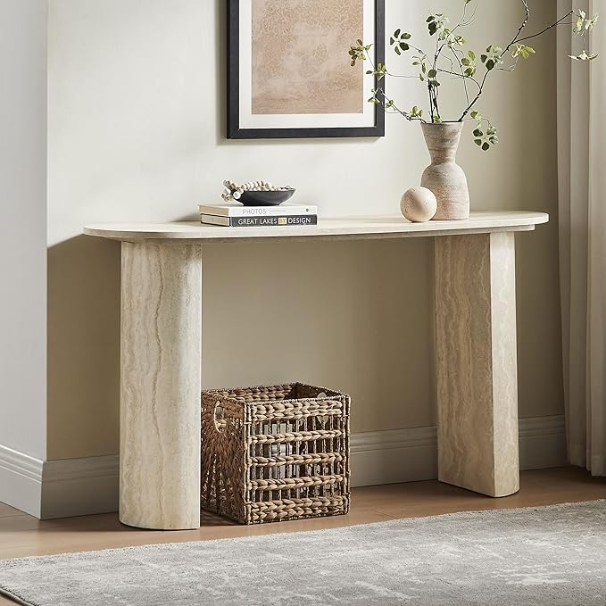 Faux Mars Marble Pattern Console Table, 55.12" Skinny Long Sofa Table Behind Couch with Rounded Edges, Wooden Narrow Sofa Table Hall Table for Living Room Foyer Entrance Hallway, Marble