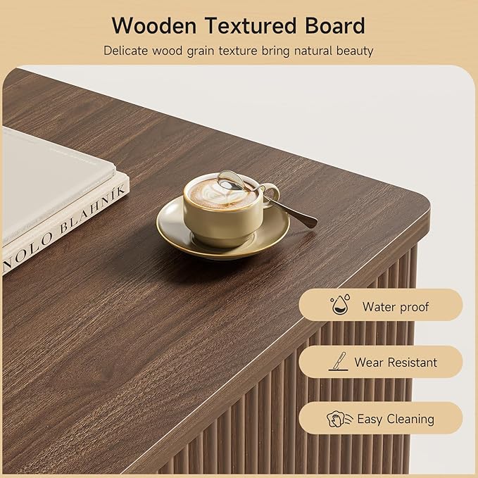 ONBRILL Fluted Lift Top Coffee Table with Storage, Mid Century Modern Coffee Table with Hidden Compartment, Rising Top Wood Center Table for Living Room, Home Office, Rounded Edges (Walnut)