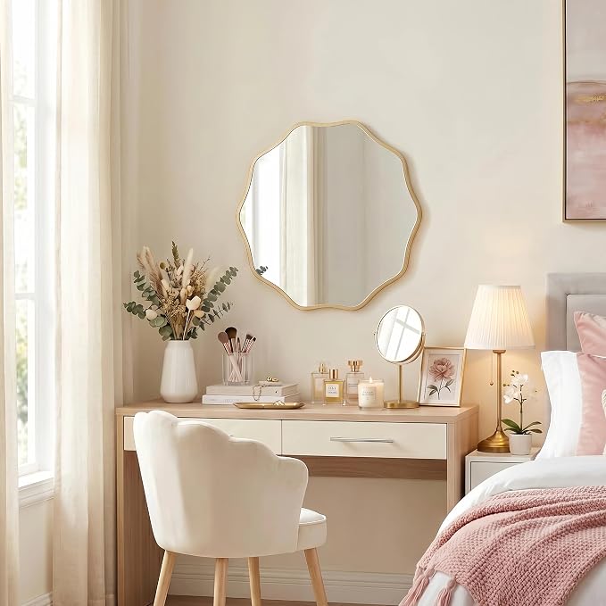 PERFNIQUE Gold Scalloped Mirror, 20'' Round Wall Mirrors Wavy Wood Framed for Bathroom Nursery Bedroom Living Room Entryway, Decorative Modern Wall Decor