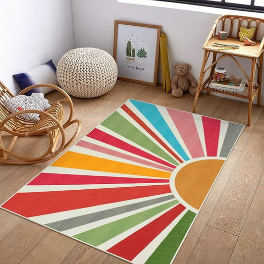 STARUIA Boho Washable Rug 3'x5' Kids Area Rug for Playroom, Colorful Kids Rugs for Bedroom, Non-Slip Throw Sun Carpet Soft Small Sunshine Rugs for Office Nursery Entryway Dorm