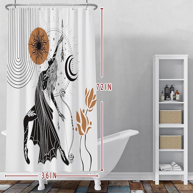 Baocicco Boho Shower Curtain Sun Moon Women Bow and Arrow Plants Modern Geometric Shower Curtains Decorative for Bathroom Waterproof Fabric Shower Curtain with Hooks 36x72 Inches
