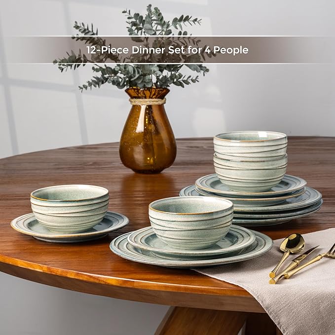 GBHOME Ceramic Dinnerware Sets,12 pcs Embossed Elegant Stoneware Plates and Bowls Sets, Housewarming Wedding Gift | Dishwasher & Microwave Safe | Dishes Set Service for 4