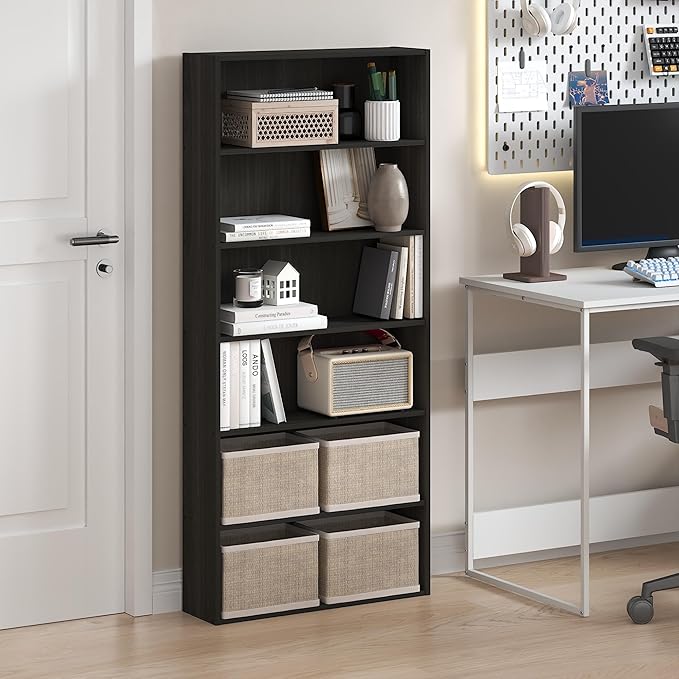 Furinno Basic Book Shelf, 6-Tier Bookcase with Open Shelf, Bookshelf, Cube Storage Organizer, 7 x 24 x 53, for Living Room, Bedroom, Home Office, Espresso