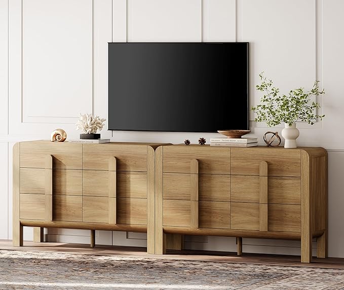 WAMPAT 94.4" W Buffet Cabinet with 12 Drawers, Modern Sideboard Buffet Cabinet with Storage, Buffet Table Coffee Bar Wine Bar Storage Cabinet for Dining Room, Living Room, Hallway, Light Walnut