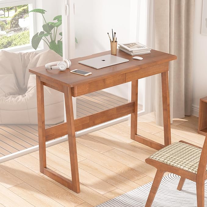 Solid Wood Desk with 2 Drawers, Mid Century Modern Home Office Desk, Vintage Writing Desks for Small Spaces, Walnut Color Computer Desk with Drawers for Study Bedroom Living Room 39.4" W