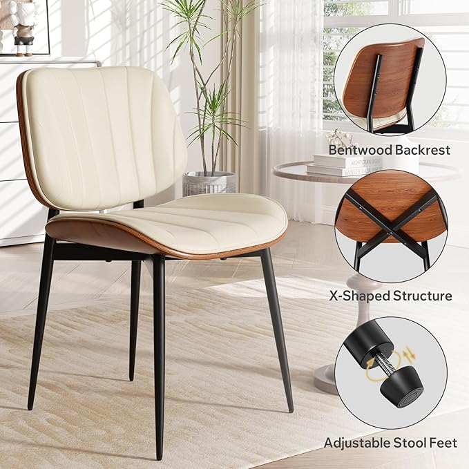 Dining Chair, Mid Century Modern Dining Room Chairs, Upholstered Faux Leather Kitchen Chairs with Walnut Bentwood Back and Metal Legs for Kitchen Dining Room Living Room, Beige