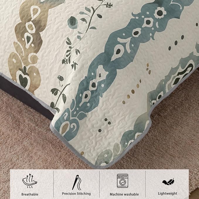 AILONEN Twin Quilted Comforter Set 3 Piece, Boho Damask Stripe Bedspread Coverlet with 2 Pillowcases, Soft Rustic Teal Brown Bedding for Kids Students Dorm Ethnic Farmhouse Vintage Chic
