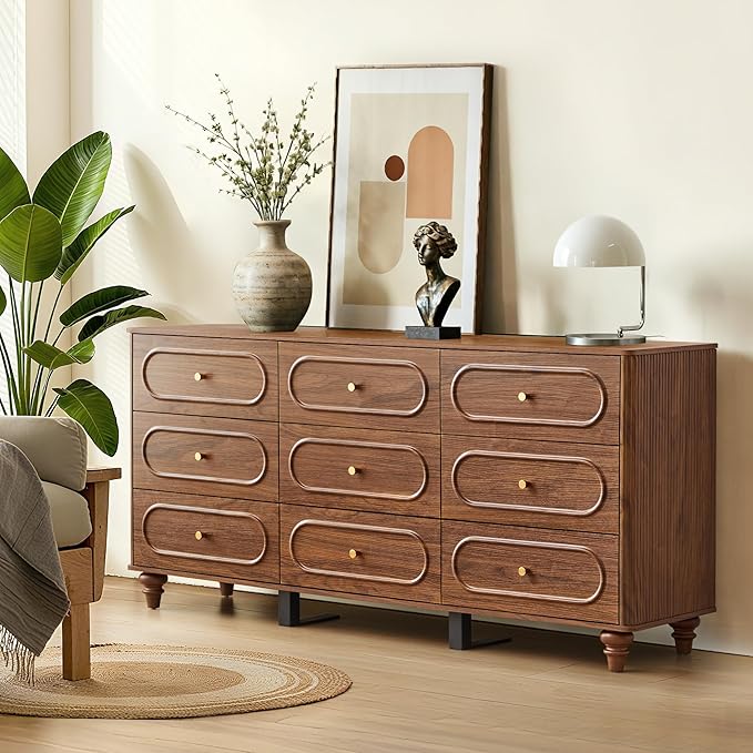 ORRD 9 Drawer Fluted Dresser for Bedroom, Mid Century Modern Chest of Drawers, Wood Storage Small Dresser Organizer for Bedroom Living Room Hallway Closet, Walnut