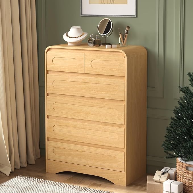 Tall Dresser for Bedroom, Modern Wood Chest of Drawers with Pre-Installed Slides and Curved Edges, 6 Drawer Vertical Storage for Bedroom or Hallway, Natural Oak