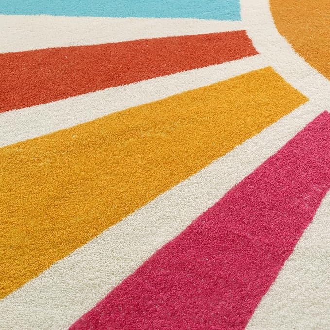 STARUIA Small Round Rug 4 Ft Washable Round Rug for Kids Room, Colorful Sun Circle Rug for Playroom, Non-Slip Circular Office Carpet Soft Rainbow Rug for Bedroom Reading Corner Dorm