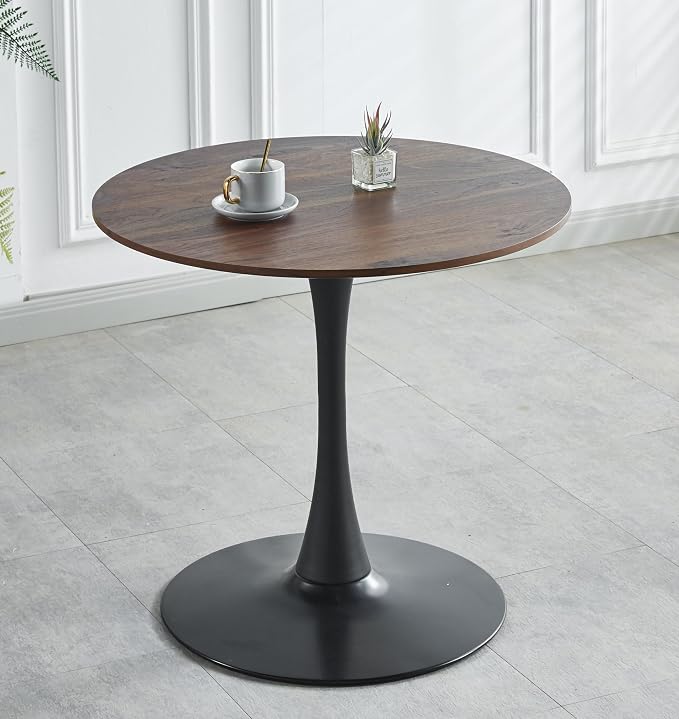 Walnut Round Dining Table, Modern 31.5" Tulip Kitchen Table with Thickened Tabletop & Sturdy Pedestal Base, Tulip Shape Table for Small Places, Living Room, Office, Cafe