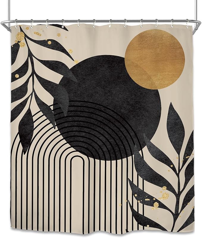 Miyotaa Abstract Minimalist Shower Curtain Set 60Wx71H Inches Modern Aesthetic Mid Century Contemporary Plant Leaves Geometric Neutral Waterproof Bathroom Curtain with 12 Hooks