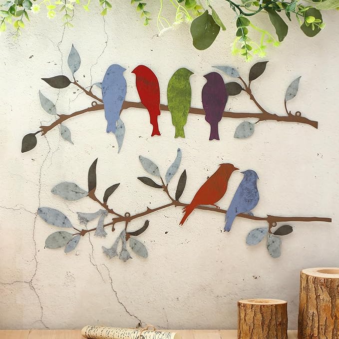 Demissle 2 Pcs Metal Birds Wall Art Decor Vivid Birds on Branch with Leaves Rustic Wall Decor Waterproof Metal Sculpture Hanging Sign for Home Balcony Garden Indoor Outdoor(Bright Colors)