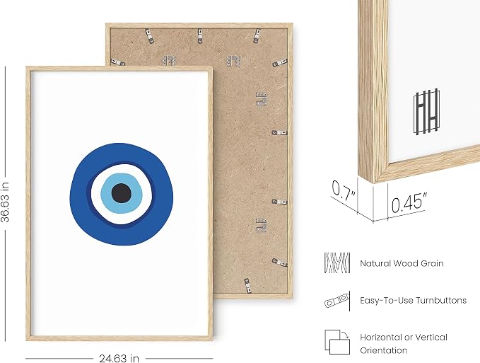 HAUS AND HUES Evil Eye Decor - Navy Blue Wall Art, Evil Eye Wall Decor, Mykonos Artwork, Evil Eyes Print, Big Eyes Painting Print, Evil Eye Poster for Wall Art Aesthetic (Beige Frame, 24x36)