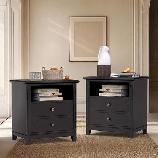 24" Wide Solid Wood Nightstand with Charging Station Set of 2, Farmhouse End Table with 2 Large Drawers & Open Shelf, Bedside Table with USB Ports and Outlets, Night Stand for Bedroom
