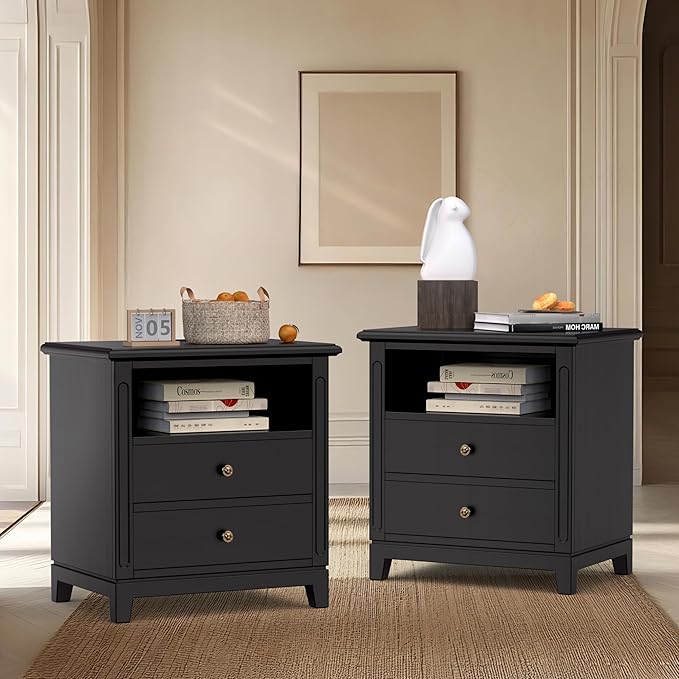 24" Wide Farmhouse Nightstand with Charging Station, Solid Wood End Table with 2 Large Drawers & Open Shelf, Bedside Table with USB Ports and Outlets, Side End Table for Bedroom