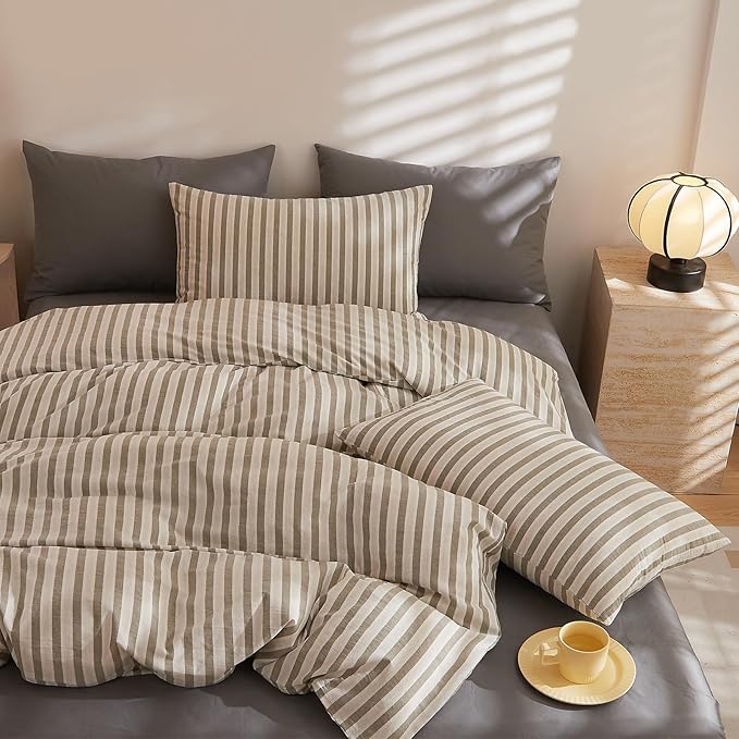 VM VOUGEMARKET Grey Striped Duvet Cover Set Queen 100% Washed Cotton Bedding Set 3 Piece Grey White Stripes Comforter/Quilt Cover with Zipper Closure Corner Ties,Modern Cozy for Boys Men