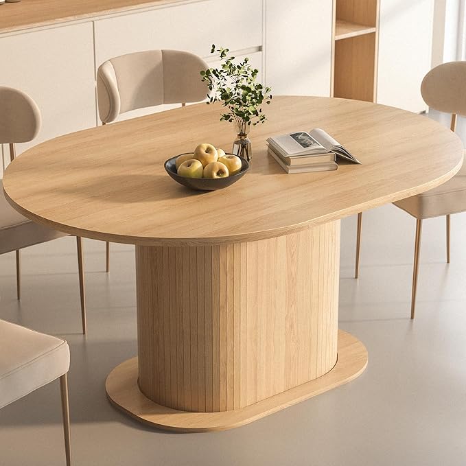39.37"-55.12" Round Extendable Dining Table, Oval Kitchen Table with Fluted Metal Slide Door, Space-Saving Expandable Dining Table for Small Apartment & Family Use, Natural