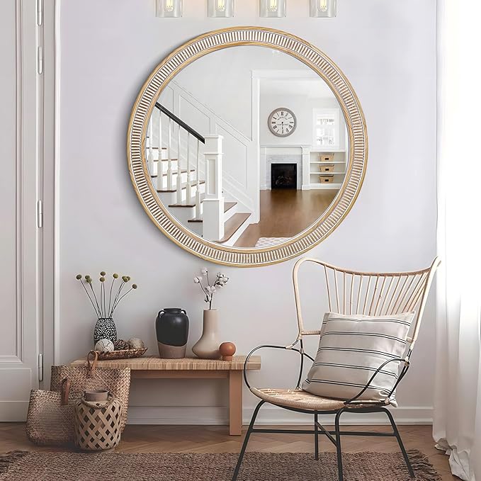 Round Wood Mirrors for Wall Decor, 30 Inch Rustic Farmhouse Circle Decorative Mirror for Bathroom, Living Room, Foyer, Entryway, Bedroom