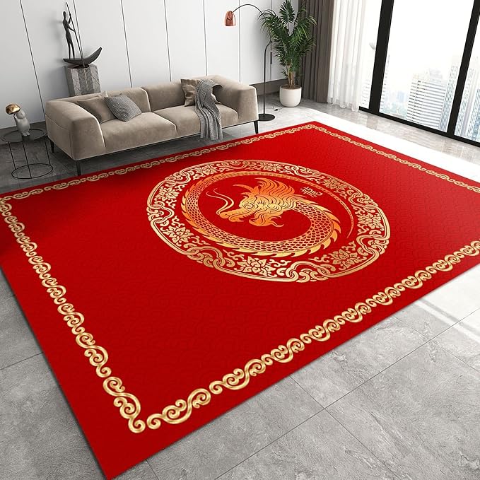 3x5 Area Rug New Year Christmas Red Art Soft Washable Carpet, Chinese Luxury Golden Dragon Upholstery Rug with Non-Slip Backing for Kids Boys Girls Bedroom Living Room Dining Room Study