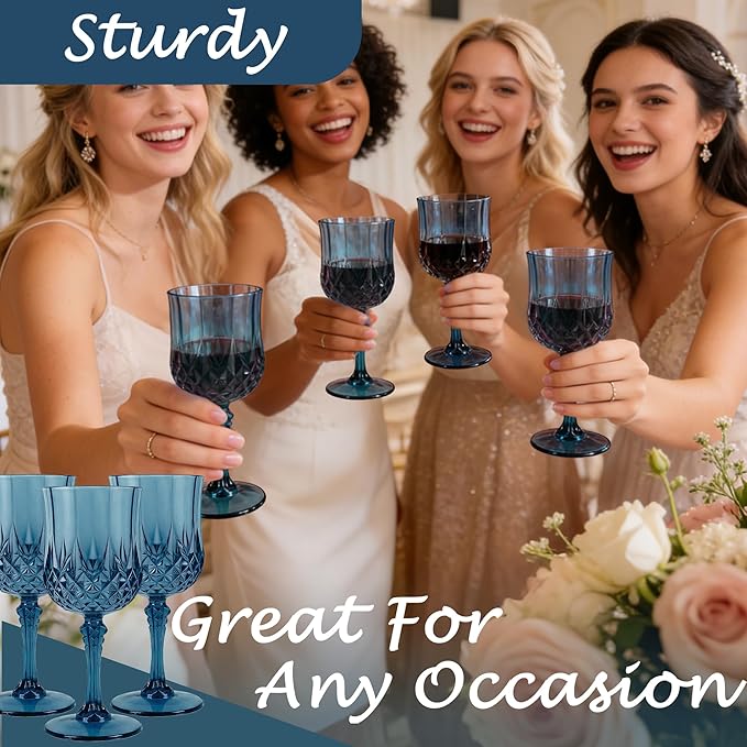 Plastic Wine Glasses, Plastic Goblets Vintage Style Cordial Drinking Glasses for Valentine’s Day, Wedding Reception, Grand Event Party Supplies (24, Navy Blue)