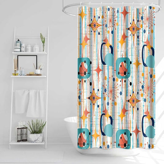 Mid Century Shower Curtain, 36x72inch, Modern Abstract Retro Colorful Striped Geometric Shower Curtain Sets 1950s Boho Bathroom Shower Curtain with 6 Hooks