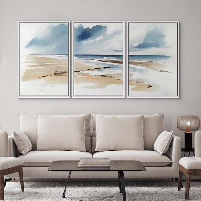 SIGNWIN Framed Canvas Print Wall Art Set Coastal Beach Horizon Blue and Tan Seascape Illustrations Modern Art Decorative Boho Relax/Zen Nordic for Living Room, Bedroom, Office - 16"x24"x3 White