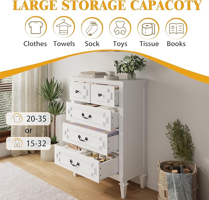5 Drawer Dresser for Bedroom, 44" Tall Dresser & Chest of Drawers wtih Vintage Surface, Closet Storage Cabinet for Living Room, Hallway, White