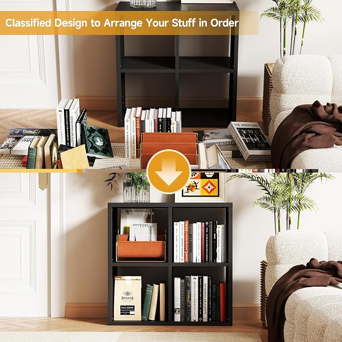 IRONMIX Metal Cube Storage Organizer, Black Bookshelf with Storage, Short Bookshelf Horizontal, Modern Small Bookcase Cube Shelf, Short Cabinet Display Case for Home Office Library (Black, 700-2 Set)