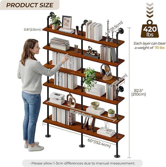 6 Tier Industrial Ladder Shelf Bookcase, Wall Mounted Rustic Bookshelf for Living Room Decor and Storage (Walnut Color, 6 Tier - 10" D x 60" W x 82.5" H)