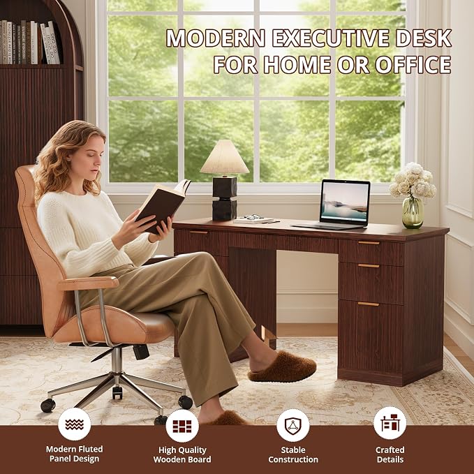 FURSUN 58" Fluted Modern Desk with Storage, Home Office Desk with 1 File Cabinet & 5 Drawers, Wood Executive Computer Writing Desk for Study, Living Room, Bedroom, Dark Walnut