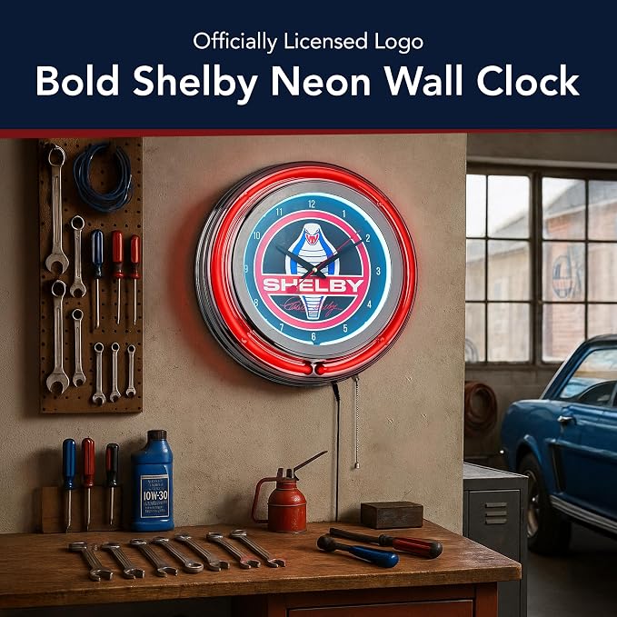 American Art Decor Retro Neon Wall Clock - Round Battery Operated Vintage Analog Clock W/Pull Chain - for Bar, Man Cave, Garage, Arcade, Game Room & More (Shelby, 14.5” x 14.5” x 3.25”)