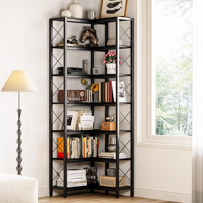 IRONCK Corner Bookshelf, 7-Tier Industrial Corner Bookcase, Tall Corner Shelf Storage Display Rack with Metal Frame for Living Room Home Office, Black