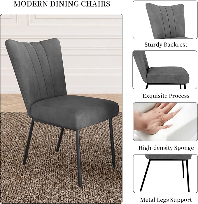 Extendable Dining Table Set for 6-8 People, 63 to 78.7 Inch MDF Kitchen Table with 6 Dining Fabric Chairs, Space-Saving for Dining Room, Breakfast Nook (White Table & 6 Grey Fabric Chairs)